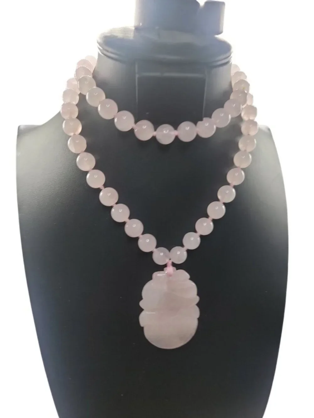Chinese Rose Quartz Hand Knotted Mala Lotus Design Necklace 28